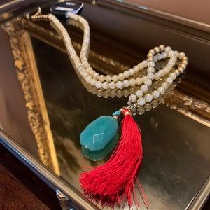 Long Beaded Turquoise and Coral Beaded Necklace